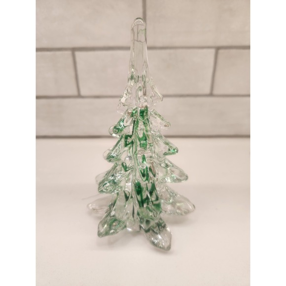 Vintage Art Glass Christmas Tree Clear with Green Ribbons/Swirls 6" Figurine - Picture 2 of 8